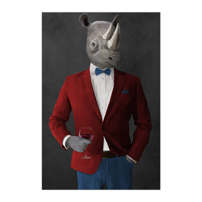 Rhinoceros Drinking Red Wine Wall Art - Red and Blue Suit