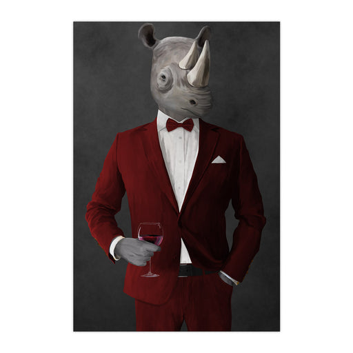 Rhinoceros Drinking Red Wine Wall Art - Red Suit