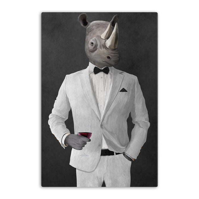 Rhinoceros Drinking Red Wine Wall Art - White Suit