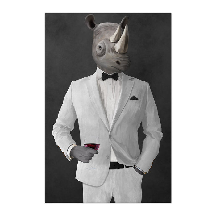 Rhinoceros Drinking Red Wine Wall Art - White Suit