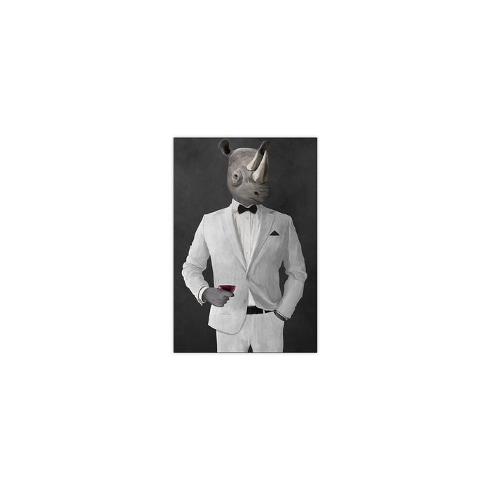 Rhinoceros Drinking Red Wine Wall Art - White Suit