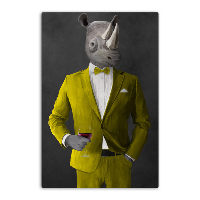 Rhinoceros Drinking Red Wine Wall Art - Yellow Suit