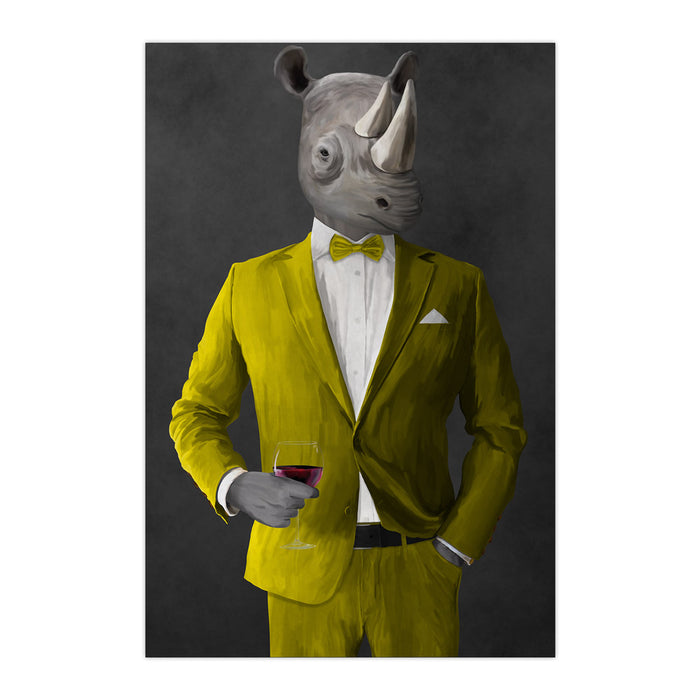 Rhinoceros Drinking Red Wine Wall Art - Yellow Suit