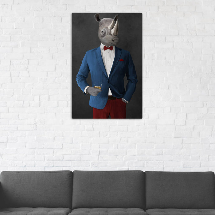 Rhinoceros Drinking Whiskey Wall Art - Blue and Red Suit