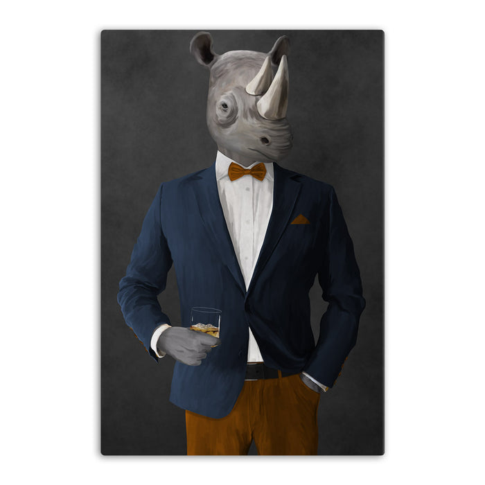 Rhinoceros Drinking Whiskey Wall Art - Navy and Orange Suit