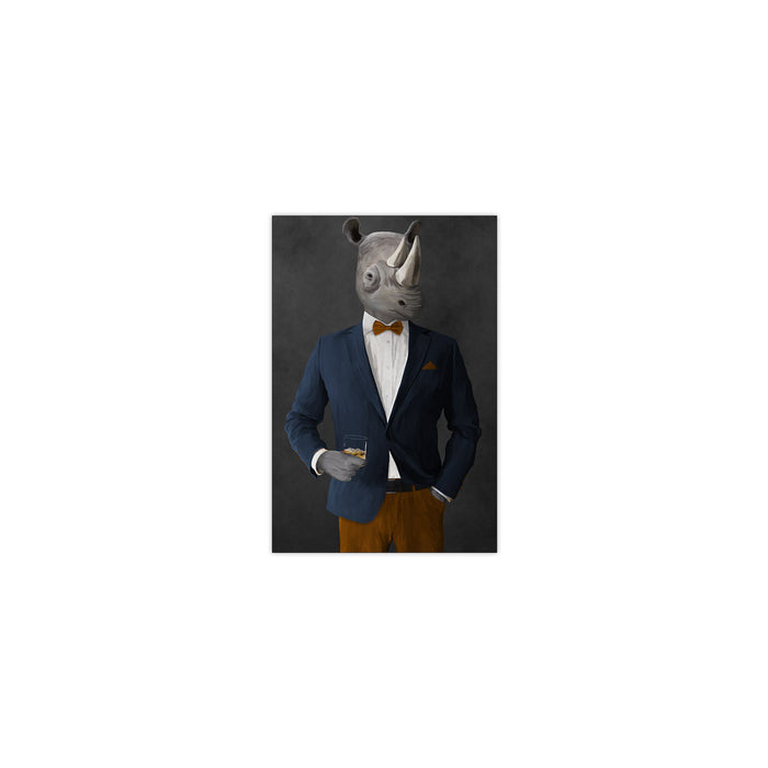 Rhinoceros Drinking Whiskey Wall Art - Navy and Orange Suit