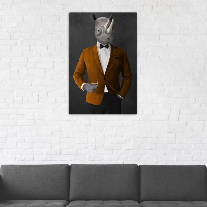 Rhinoceros Drinking Whiskey Wall Art - Orange and Black Suit