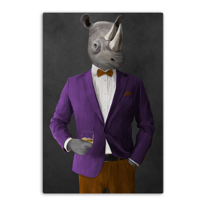 Rhinoceros Drinking Whiskey Wall Art - Purple and Orange Suit