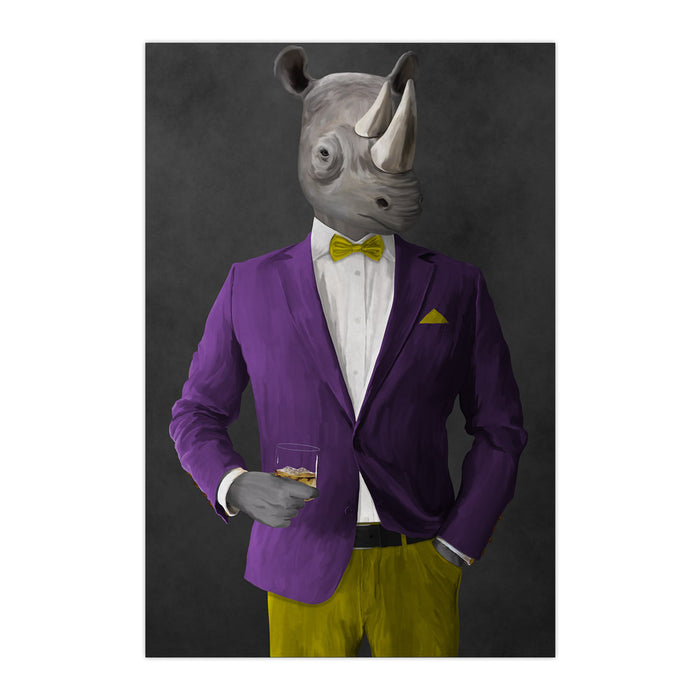 Rhinoceros Drinking Whiskey Wall Art - Purple and Yellow Suit