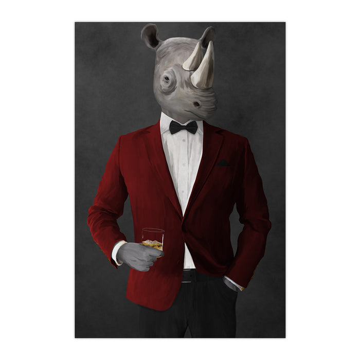 Rhinoceros Drinking Whiskey Wall Art - Red and Black Suit