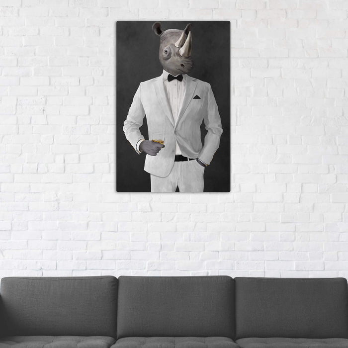 Rhinoceros Drinking Whiskey Wall Art - White Suit