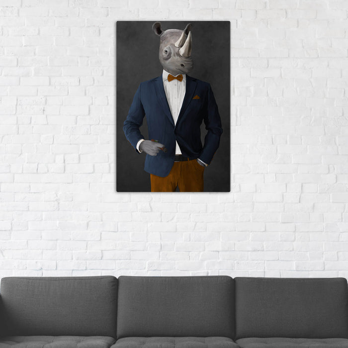 Rhinoceros Smoking Cigar Wall Art - Navy and Orange Suit