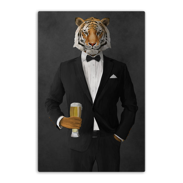 Tiger drinking beer wearing black suit canvas wall art