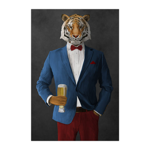 Tiger drinking beer wearing blue and red suit large wall art print