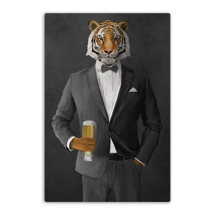 Tiger drinking beer wearing gray suit canvas wall art