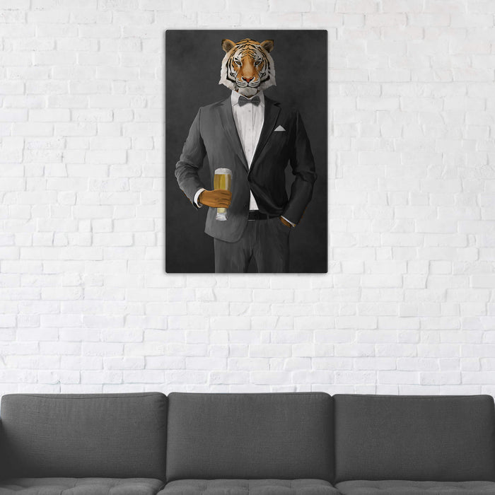 Tiger Drinking Beer Wall Art - Gray Suit