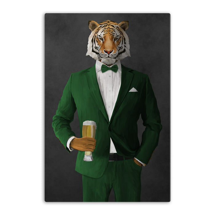 Tiger drinking beer wearing green suit canvas wall art