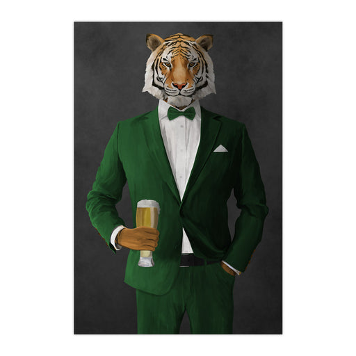 Tiger drinking beer wearing green suit large wall art print