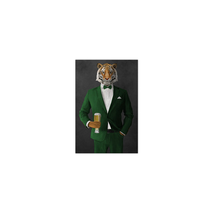 Tiger drinking beer wearing green suit small wall art print