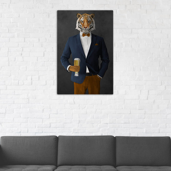 Tiger Drinking Beer Wall Art - Navy and Orange Suit