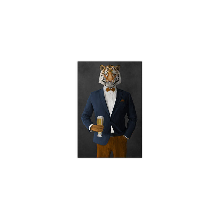 Tiger drinking beer wearing navy and orange suit small wall art print