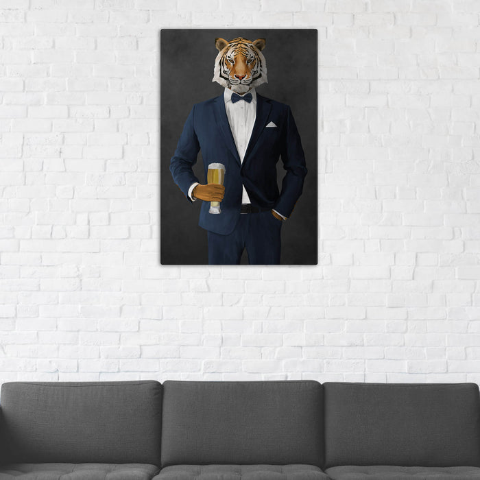 Tiger Drinking Beer Wall Art - Navy Suit