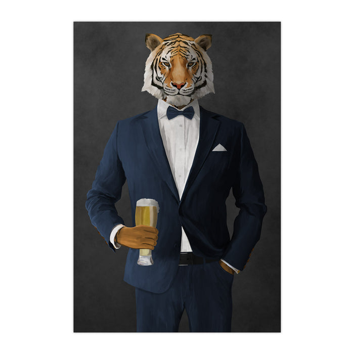 Tiger drinking beer wearing navy suit large wall art print
