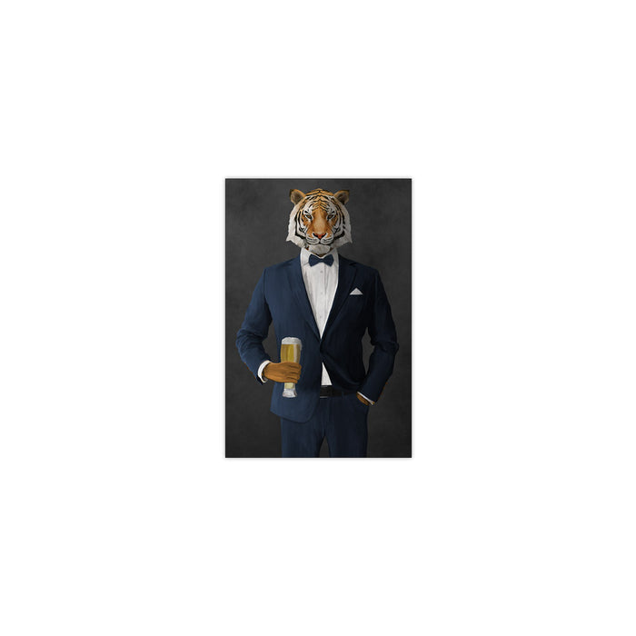 Tiger drinking beer wearing navy suit small wall art print