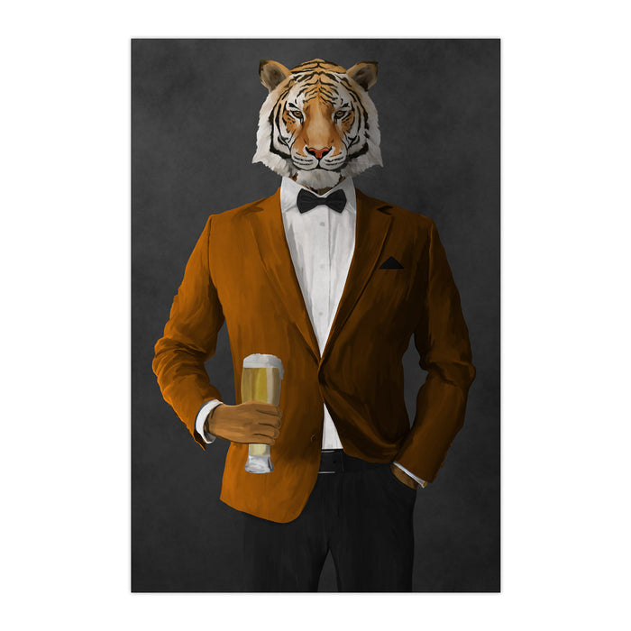 Tiger drinking beer wearing orange and black suit large wall art print