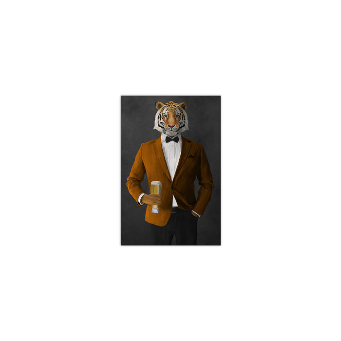 Tiger drinking beer wearing orange and black suit small wall art print