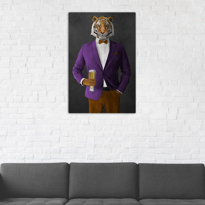 Tiger Drinking Beer Wall Art - Purple and Orange Suit