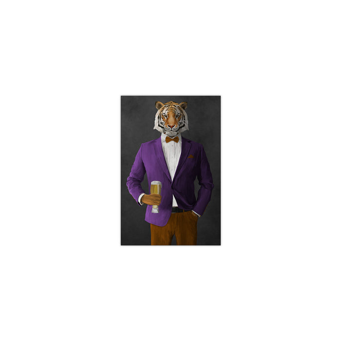 Tiger drinking beer wearing purple and orange suit small wall art print