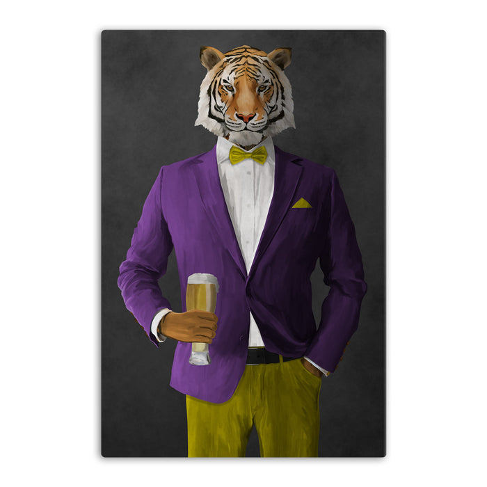 Tiger drinking beer wearing purple and yellow suit canvas wall art