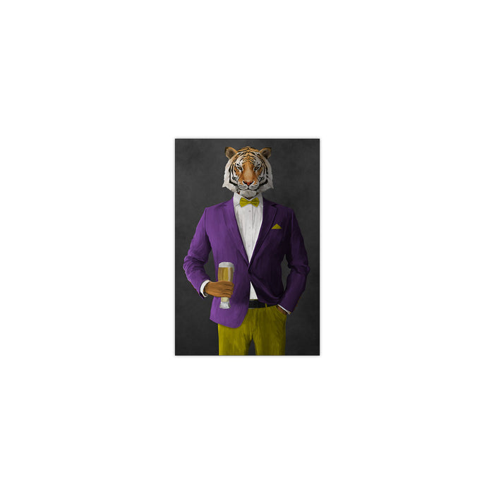 Tiger drinking beer wearing purple and yellow suit small wall art print