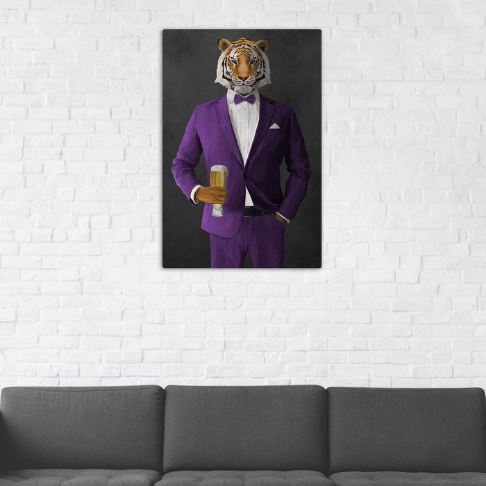 Tiger Drinking Beer Wall Art - Purple Suit