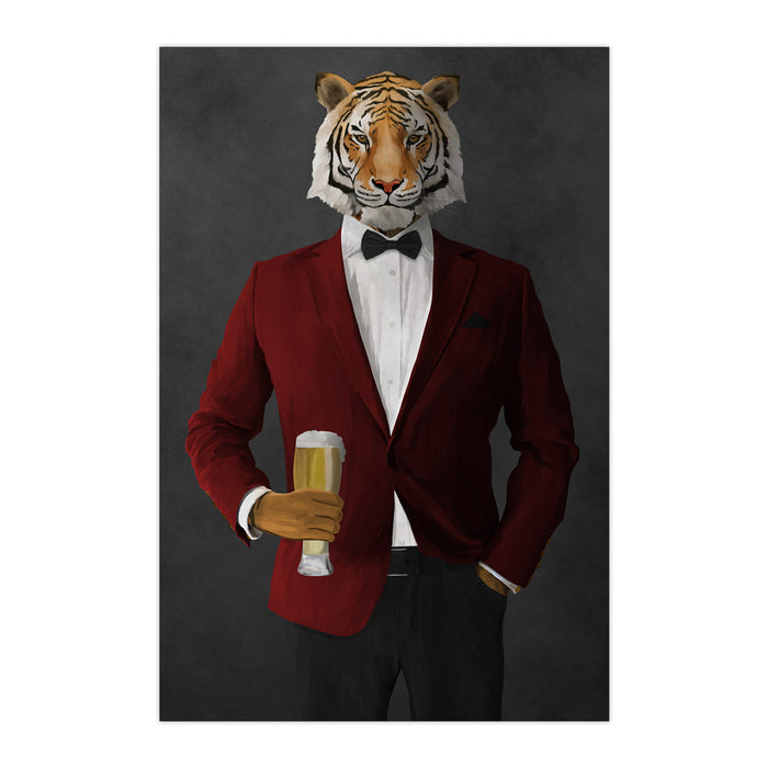 Tiger drinking beer wearing red and black suit large wall art print