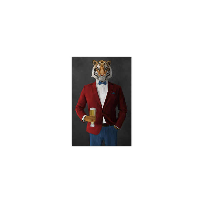 Tiger drinking beer wearing red and blue suit small wall art print