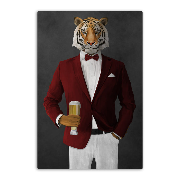 Tiger drinking beer wearing red and white suit canvas wall art