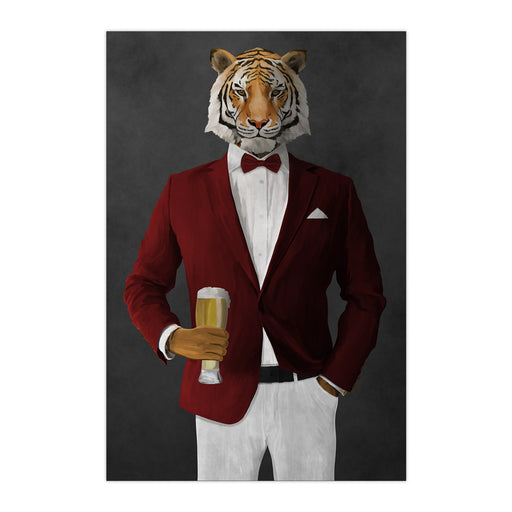 Tiger drinking beer wearing red and white suit large wall art print