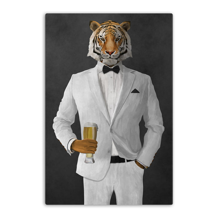 Tiger drinking beer wearing white suit canvas wall art