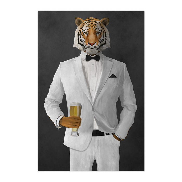 Tiger drinking beer wearing white suit large wall art print