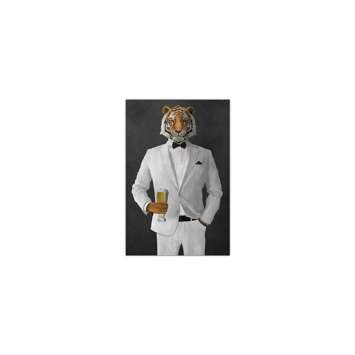 Tiger drinking beer wearing white suit small wall art print