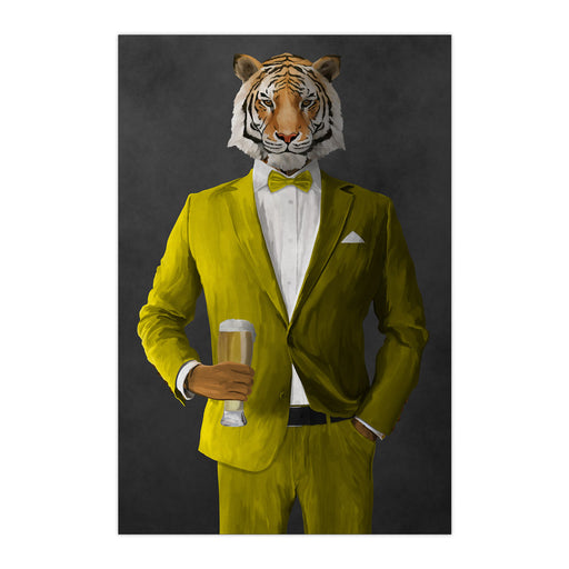 Tiger drinking beer wearing yellow suit large wall art print