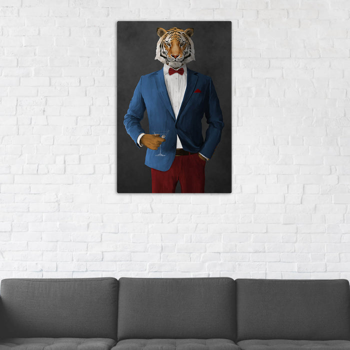 Tiger Drinking Martini Wall Art - Blue and Red Suit