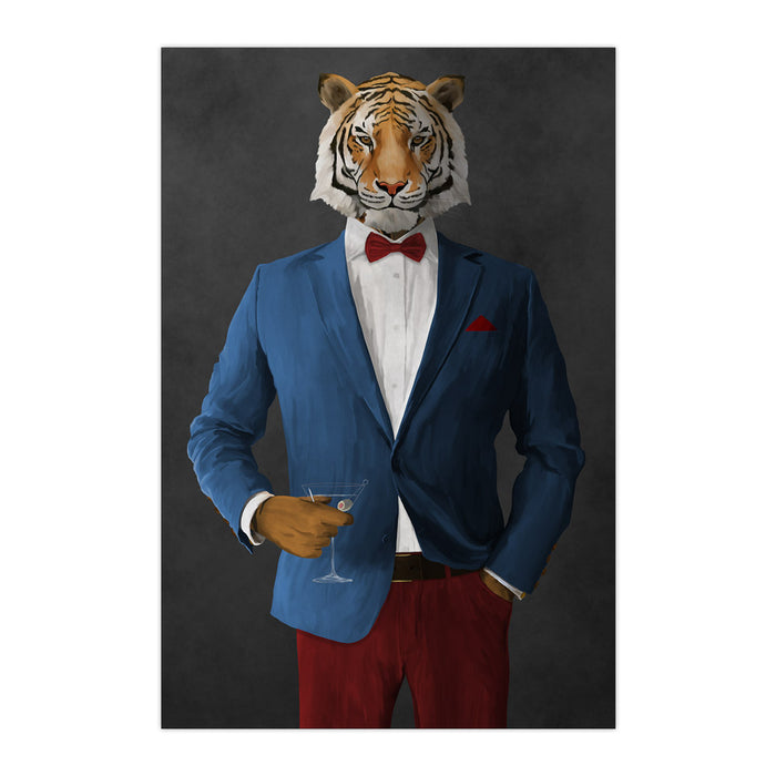 Tiger drinking martini wearing blue and red suit large wall art print