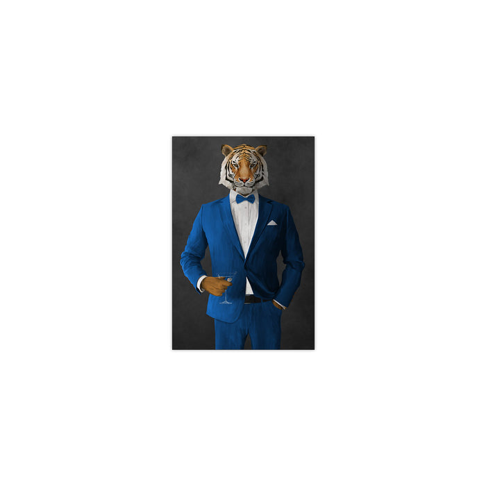 Tiger drinking martini wearing blue suit small wall art print