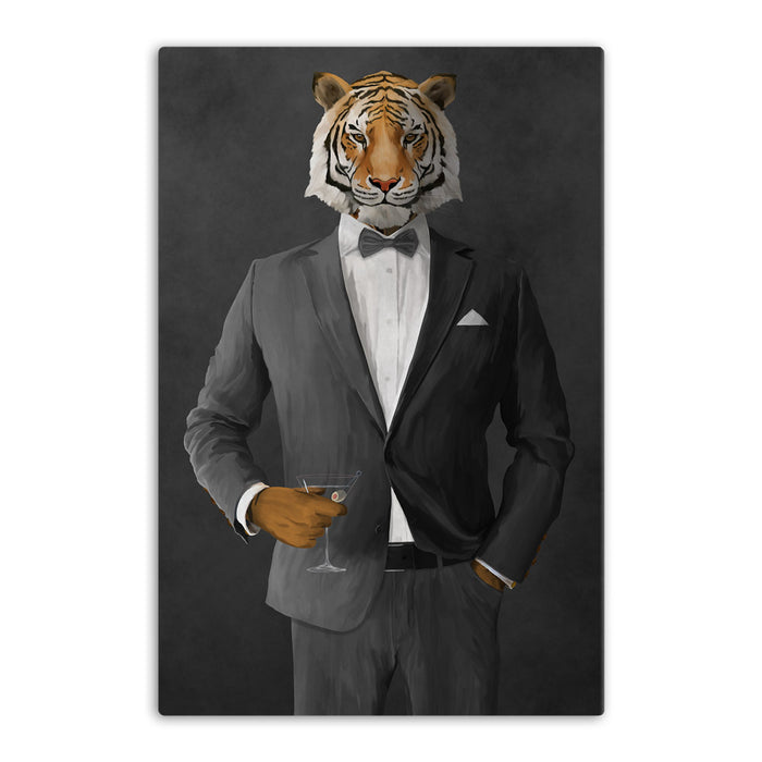 Tiger drinking martini wearing gray suit canvas wall art
