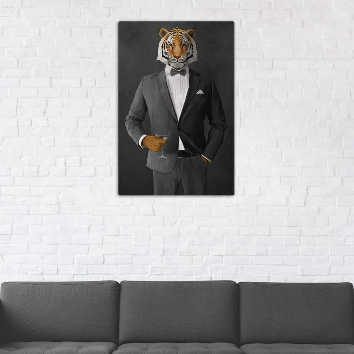 Tiger Drinking Martini Wall Art - Gray Suit