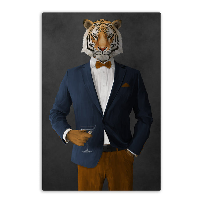 Tiger drinking martini wearing navy and orange suit canvas wall art