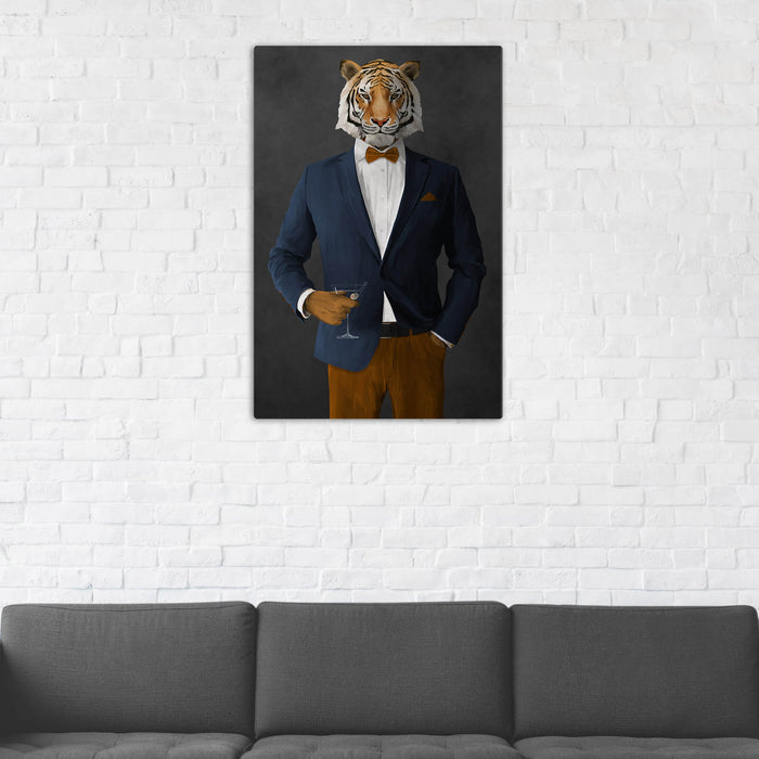 Tiger Drinking Martini Wall Art - Navy and Orange Suit